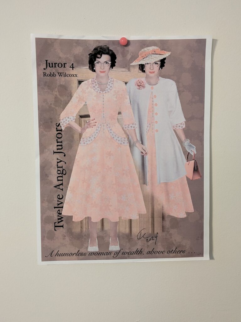 A costume design of a woman in a pink dress with a white coat